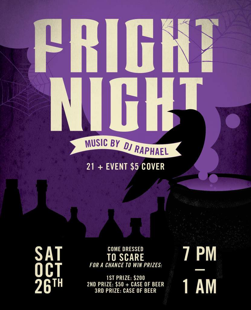 Image of Brewery Ommegang Fright Night Halloween party poster. The event will take place on October 26th from 7 PM until 1 AM. There is a $5 cover charge to enter. There will be music by Dj Raphael and a costume contest with prizes.