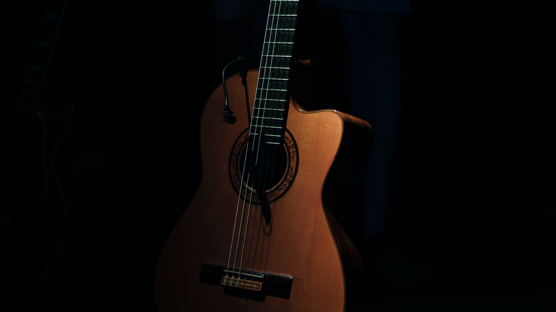 Guitar in dramatic, dark lighting