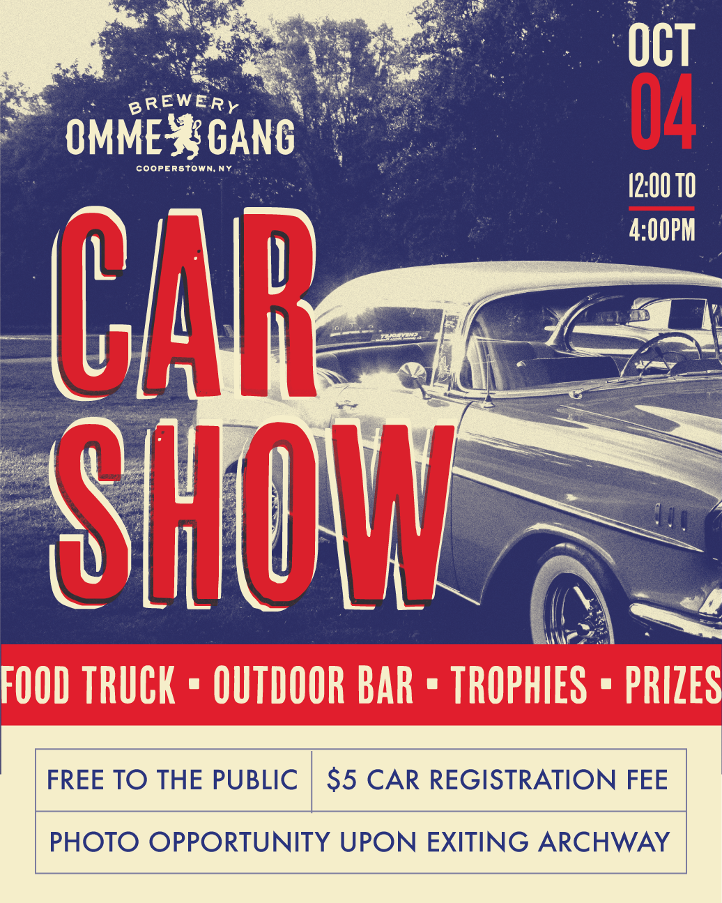 Vintage car with large “CAR SHOW” text, event details, and amenities like food truck, outdoor bar, trophies, and prizes, set at Brewery Ommegang on October 4, 12:00–4:00 PM.