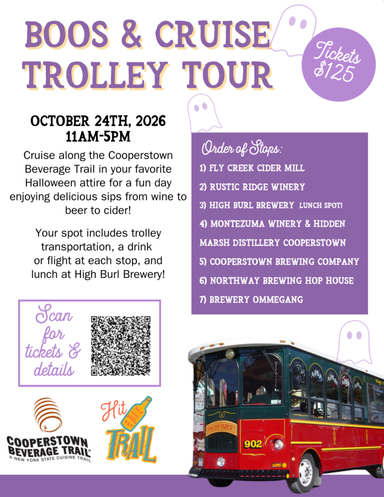 Colorful flyer for the “Boos & Cruise Trolley Tour” on October 24, 2026, with tour details, a trolley image, event info, itinerary, QR code for tickets, and ghost graphics.