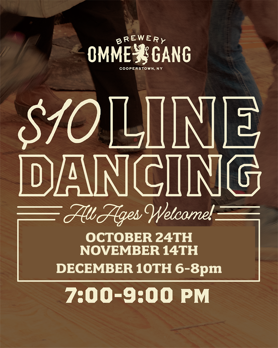 Flyer for $10 line dancing at Brewery Ommegang. All ages welcome. Dates: October 24, November 14, December 10 (6-8pm). Event time: 7:00-9:00 PM. Background shows people dancing.