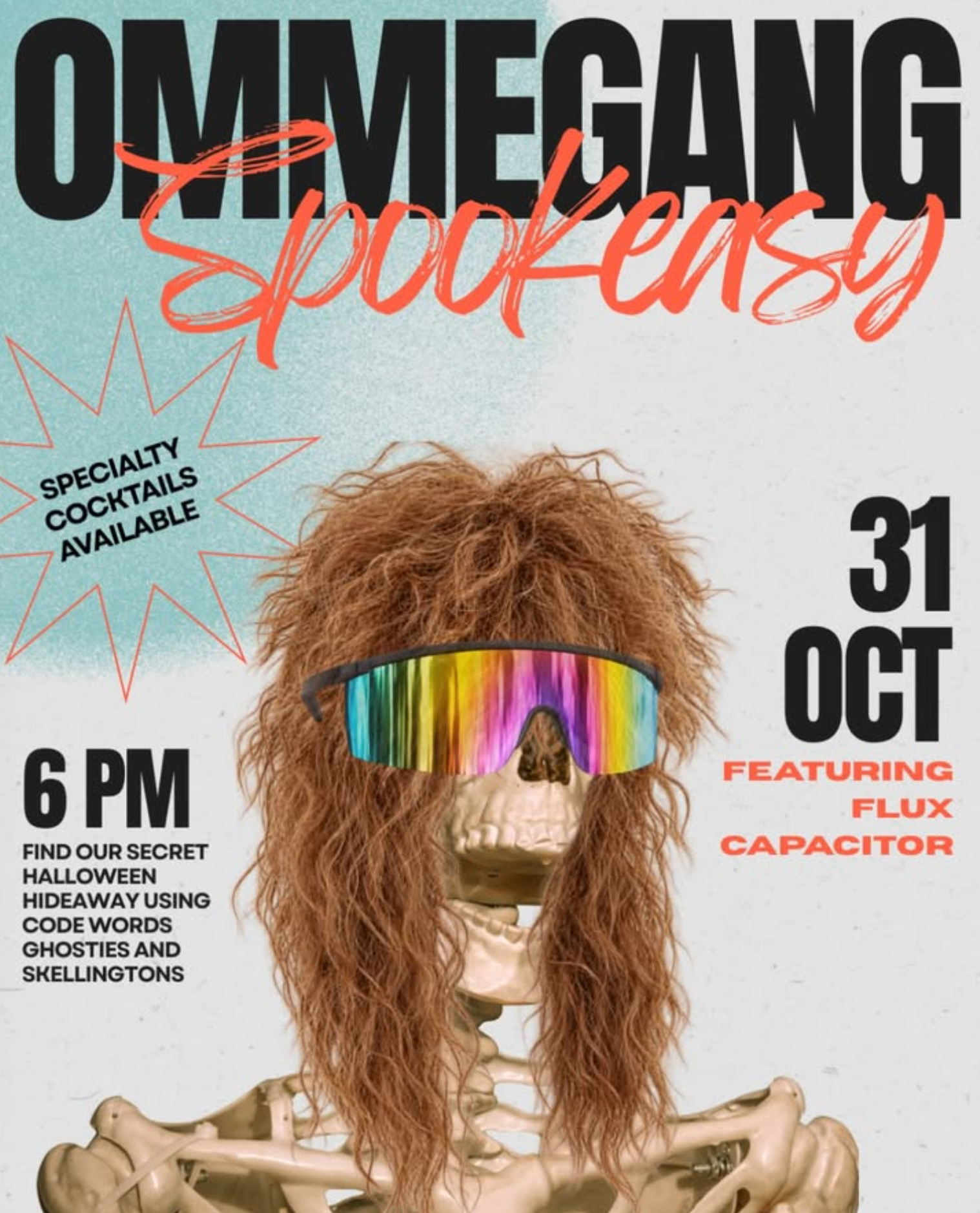 Event flyer for Ommegang Spookeasy on October 31 at 6 PM, featuring a skull with long brown hair and rainbow-tinted sport sunglasses.